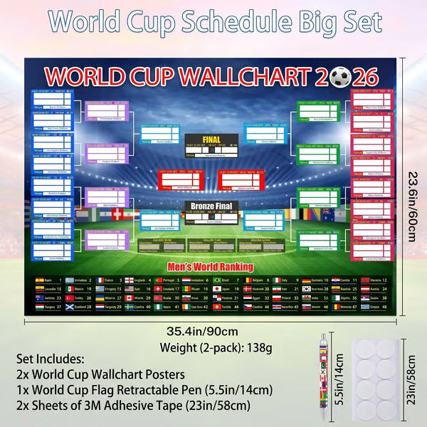 🗓️ ⚽ Poster-Set zur Weltmeisterschaft 2026 – Verpassen Sie kein einziges Spiel! Poster zur Gruppenphase und zur K.o.-Runde (60 cm x 90 cm), inklusive Filzstift und Klebestreifen
