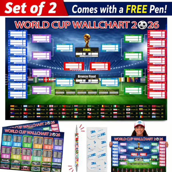 🗓️ ⚽ Poster-Set zur Weltmeisterschaft 2026 – Verpassen Sie kein einziges Spiel! Poster zur Gruppenphase und zur K.o.-Runde (60 cm x 90 cm), inklusive Filzstift und Klebestreifen
