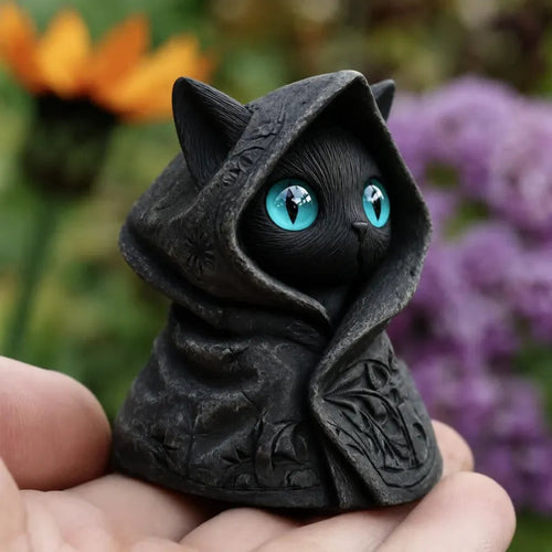 Mysterious Hooded Cat Figurine - Gothic Black Cat Statue, Fantasy Witchy Kitten Sculpture Home Decor, Perfect Gift for Cat Lovers