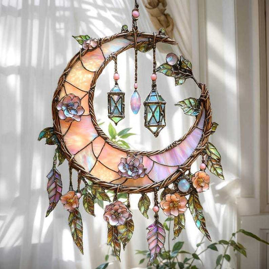 🌙Handbemalte Fensterdekoration mit Mond und Blumen💖