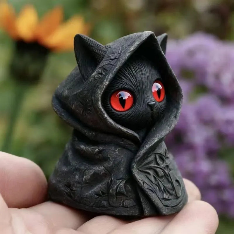 Mysterious Hooded Cat Figurine - Gothic Black Cat Statue, Fantasy Witchy Kitten Sculpture Home Decor, Perfect Gift for Cat Lovers