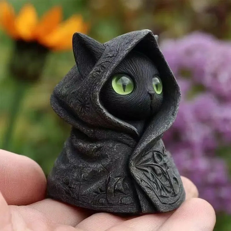 Mysterious Hooded Cat Figurine - Gothic Black Cat Statue, Fantasy Witchy Kitten Sculpture Home Decor, Perfect Gift for Cat Lovers