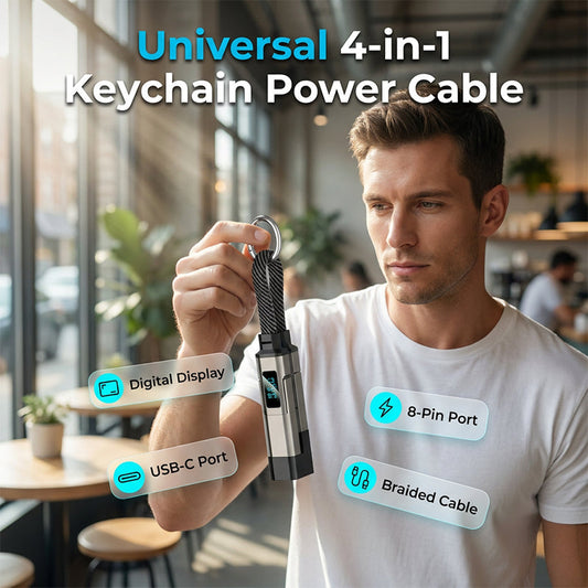 🔌 4-in-1-Ladekabel mit Digitalanzeige und Schlüsselanhänger – Schnellladefunktion, knickfest und kompakt